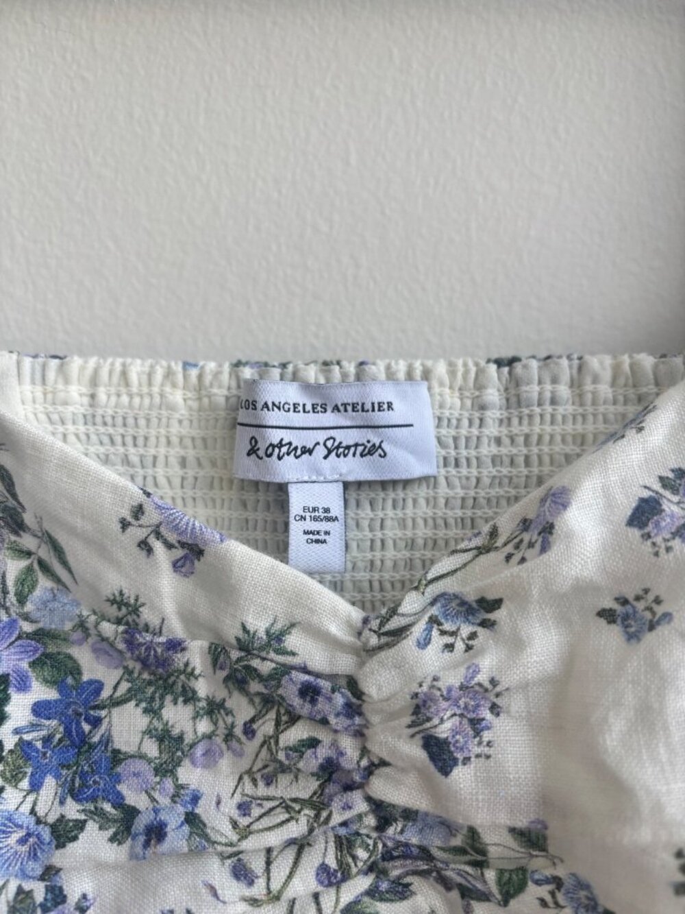 & Other Stories Linen Puff Sleeve Smocked Midi Dress | Blue Floral | Size US 8 - Picture 3 of 6